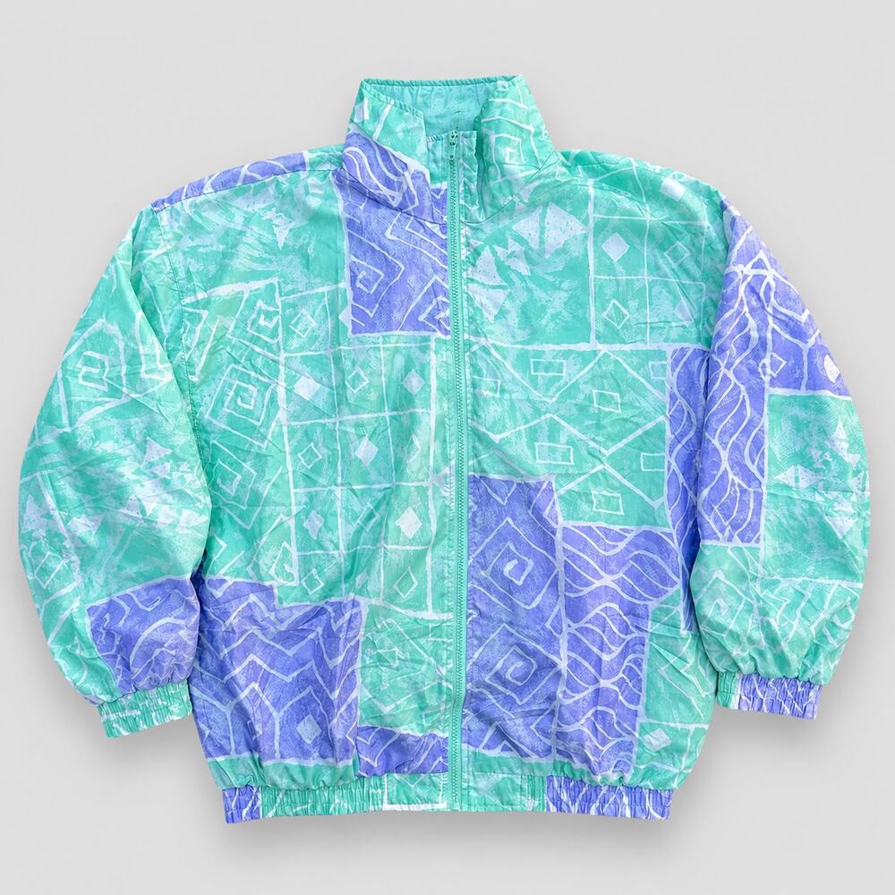 Vintage Windbreaker Medium Teal Colorful Full Zip Jacket 80s 90s Slade Geometric